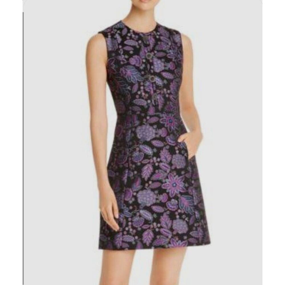 Elie Tahari Louisa Slvls Blk/Purple/Blue  Brocade Dress, NWT, Front Pkts. Sz 16